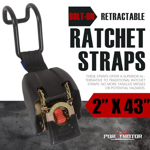Porotmotor Retractable Boat Trailer Straps, 2\" x 43\" Transom Tie-Down Straps with U-Shaped Hooks for Boat Gunwales, Bolt-on Retractable Ratchet Straps for Boat or Jet Ski, 1650LBS Safe Working Load