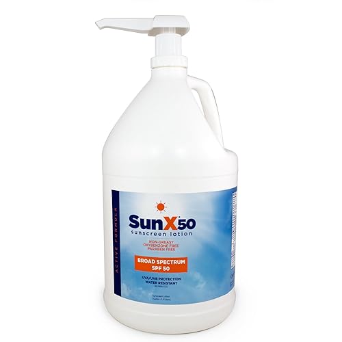 CoreTex Sun X 50 SPF Loción de protección solar de amplio espectro, jarra de 1 galón y botella de bomba de parabenos, oxibenzona, octinoxato y