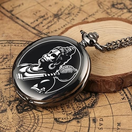 Image of Vintage Gandhi Style Pocket Watch with Engraved Designs & Messages Royal Black Analog for Men Women & Kids Includes Key Ring for car or Bike Keys Ideal Gift