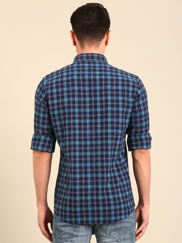 Image of Cavallo by Linen Club Men's Blended Linen Checked Contemporary Fit Full Sleeve Casual Shirt
