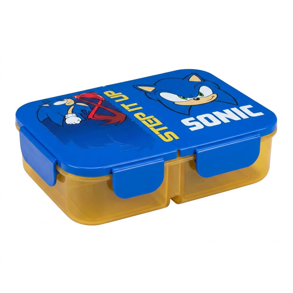 HOX Sonic The Hedgehog Kids Lunch Box, 3 Section Bento Box with Airtight Seal, BPA-Free Plastic, Dishwasher Safe, 22.5 x 17.5 x 6cm