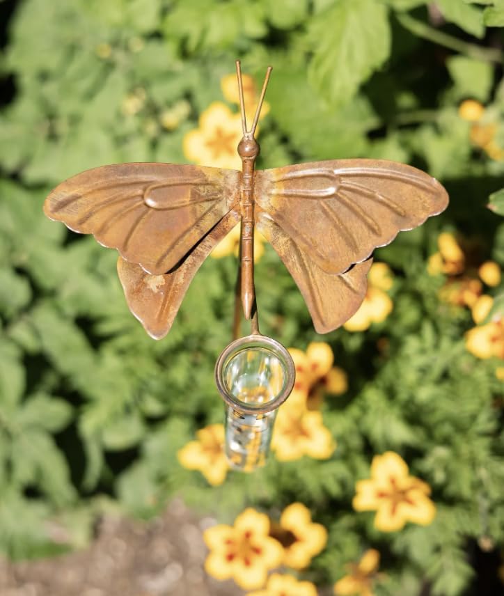 Handcrafted Butterfly Garden Rain Gauge – Decorative Steel & Stone Yard Stake – Functional & Ornamental Outdoor Rain Collector – Ideal Gift for Gardeners