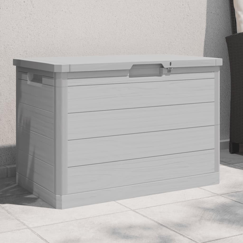 Outdoor-Kissenbox Grau 77,5x44,5x53 cm Polypropylen Aufbewahrungsbox mit abschließbarem Deckel und Holzoptik für Garten Terrasse Lagerung