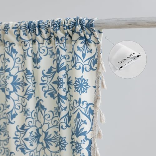 Image of Blue Floral Curtains 63 Inches Long, Boho Farmhouse Light Filtering Rod Pocket Drapes with Tassel Trim for Bedroom Living Room, 2 Panels