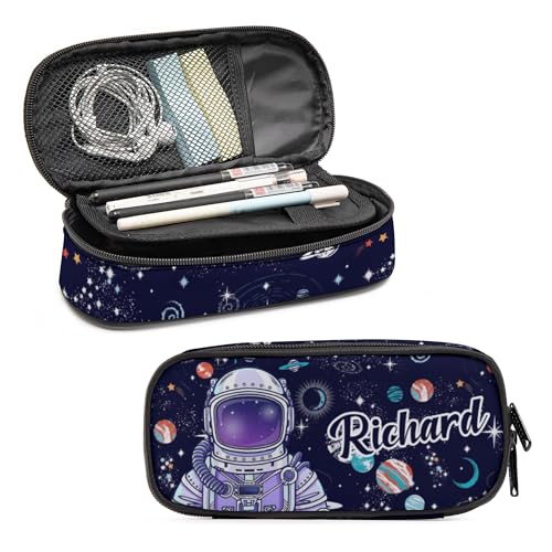 Image of Custom Astronaut Space Planets Pencil Case, Personalized Name Large Pencil Pouch, Large Capacity Black Pencil Pouch with Zipper Compartments for Student Girl Boy