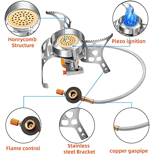 Heypork 3900W Portable Backpacking Gas Stove With Fuel Canister Adapter, Piezo Ignition, Carry Case, Windproof Collapsible Stove Burner For Outdoor Cooking (Propane And Butane Adapter) #TOP1