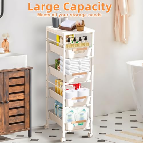 JNUYISW Carrito de Cocina de 5 niveles, Carrito Auxiliar con Ruedas Marco de Metal con 4 Cajones Extraíbles Carrito de Almacenamiento con Tablero de Madera para Baño, Cocina, Lavandería - imagen 4