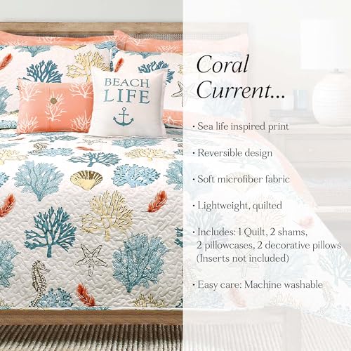 Lush Decor Coastal Reef Feather Reversible Quilt Set, 7 Piece Set, King, Blue & Coral - King Bedding Set Quilted - Coastal Decor - Beach House - Beachy Room - Image 7