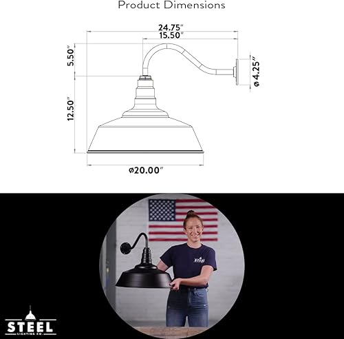 Miniatura 3 de Steel Lighting Co. Redondo - Luz de granero  Del atardecer al amanecer  Montada en la pared al aire libre  Cúpula de 20 pulgadas  Cuello de cisne de