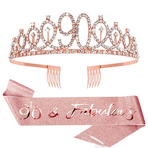 CIEHER 90th Birthday Crown Sash & Pearl Pin Set - Elegant Decorations & Gifts for Her 90th Fabulous Birthday