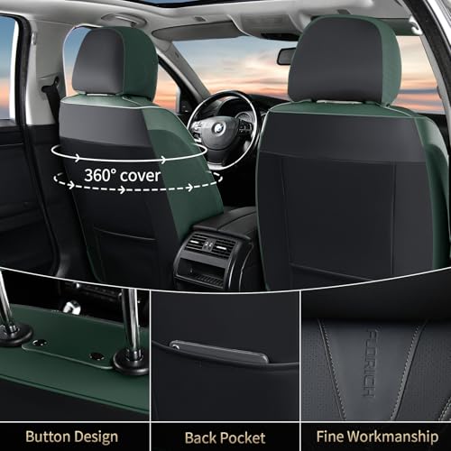 Image of FLORICH Leather Seat Covers Full Set Automotive Car Seat Cover Front and Back Waterproof Auto Seat Covers Full Coverage Car Seat Protector Cushion Universal Fit for Most Cars SUV Trucks, Black&Green