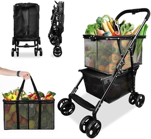 PANTREE Folding Shopping Cart 50kg, Portable Collapsible Grocery Cart, Two Tier Collapsible Shopping Trolley with Removable Basket and 360° Swivel Wheels, One-Hand Fold (Black)