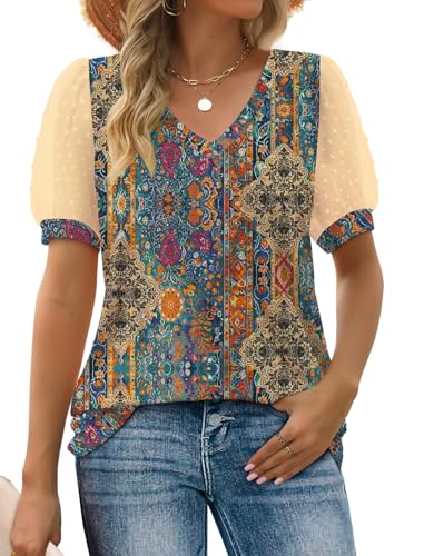 Image of Aokosor Womens Summer Tops V Neck T Shirts Swiss Dot Puff Sleeve Tops Loose Casual Tshirts