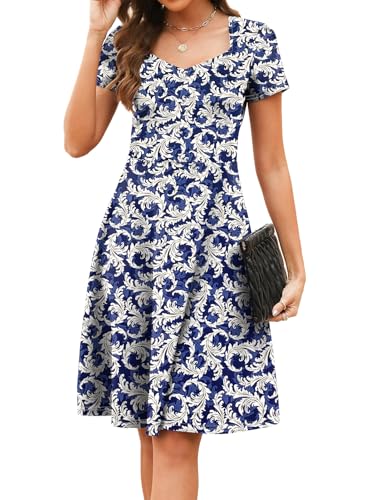 HELYO Casual Vintage Dress for Women Petite Elegant 1950s Short Sleeve Business Work Business A-Line Sweetheart Neck Dresses 163 (Blue White, S)
