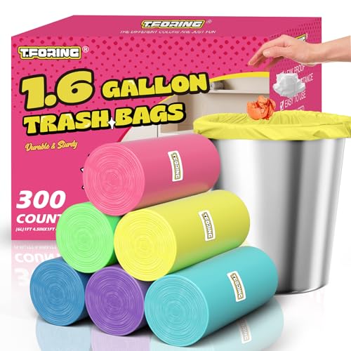T.FORING Mini Trash Bags 1.6 Gallon Unscented 0.82 Mil Colored 300 Count