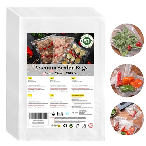 WECUTE Bolsas Vacio Alimentos 15x25 cm, 80 Bolsasvacío gofradas para almacenar y cocinar alimentos y hervibles, para Conservación y Cocción Sous Vide & Boilable, Libre de BPA
