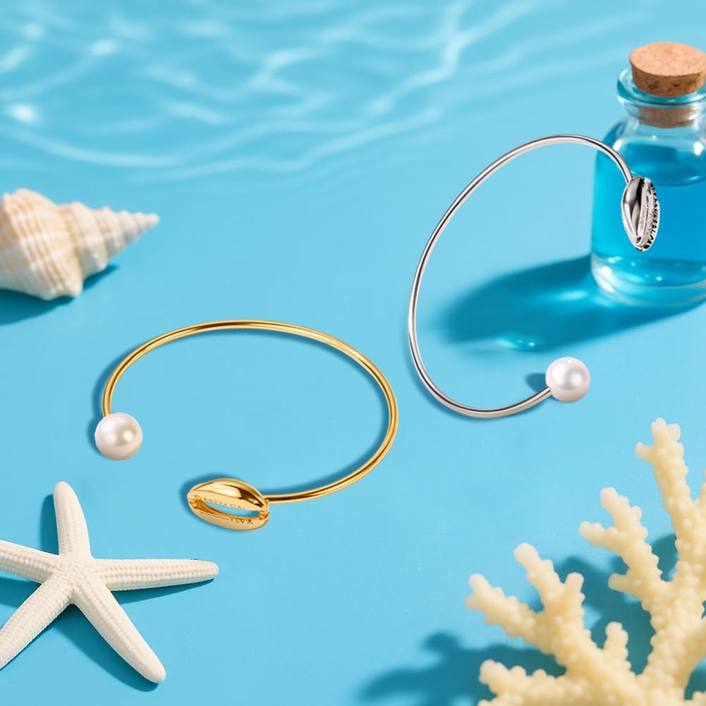 Shell Pearl Torque Irregular Shape Bangles for Women Adjustable Cuff Bangles with Pearl Summer Style Bracelets Jewelry Set Open Cuff Bangle for Women Jewelry Gifts - Image 3