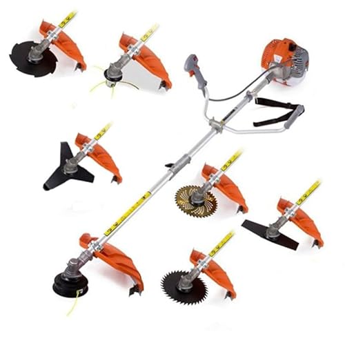 Desbrozadora de Gasolina Multifunción 52cc, Motor 2 Tiempos, 3,5CV con 7 Accesorios de Corte, Manillar Doble, Arnés y Kit de Herramientas, para Jardín y Maleza