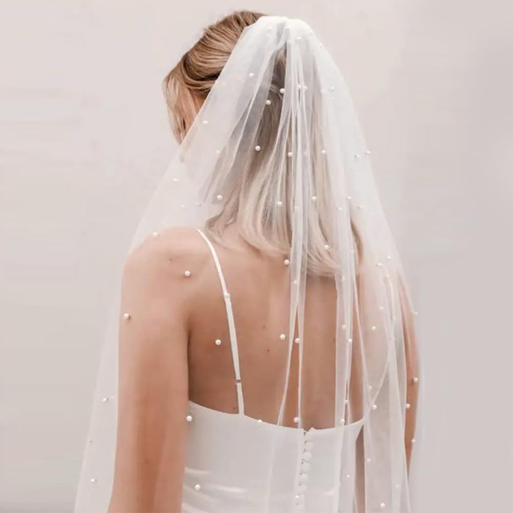Velo nupcial de novia con perlas de 1 nivel con peine de metal para mujer