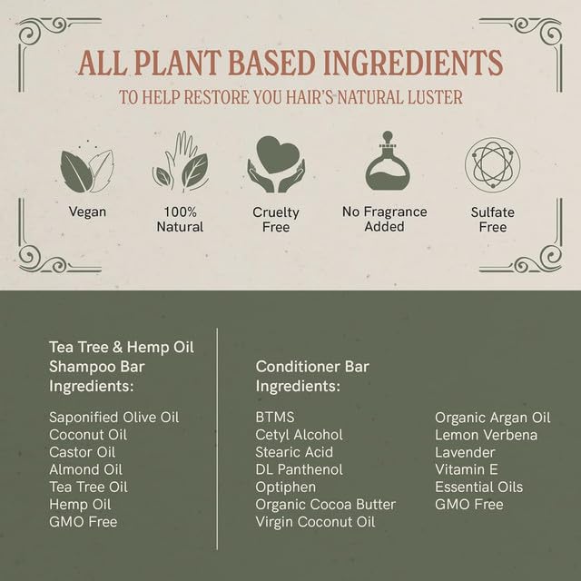 J.R.LIGGETT'S Tea Tree & Hemp Oil & Conditioner - 1 Shampoo Bar + 1 Conditioner Bar - Plant-Based Nourishing Shampoo and Conditioner Bars for All Hair Types - Sulfate-Free for Healthy Hair - 2-Pack - Image 4