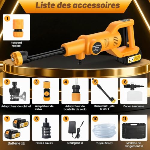 Nettoyeur Haute Pression sans Fil, 65 Bar Nettoyeur Haute Pression sur Batterie 21V/4000 mAh x2 • 80 Min d'autonomie, Nettoyeurs Haute-Pression Portable, Pistolet a Eau pour Voitures, Sol – vue 7