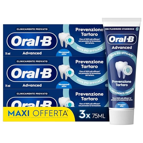Oral-B Dentifricio Advanced Prevenzione Tartaro 3x75ml, Dentifricio Oral B Anti Tartaro con Microgranuli Attivi, Clinicamente Provato, Pulizia Denti Efficace, Sapore Menta Fresca, Alito Fresco