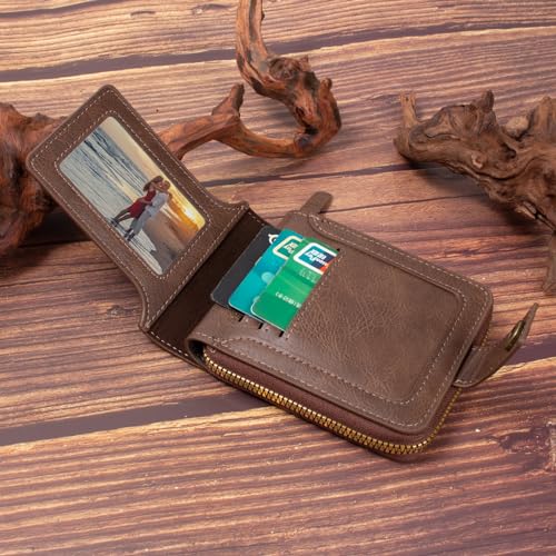 SUMGOGO Small Wallets for Men Zipper Around Pocket Bifold Wallet Leather Short Billfold Card holder Coin Purse (Brown)4