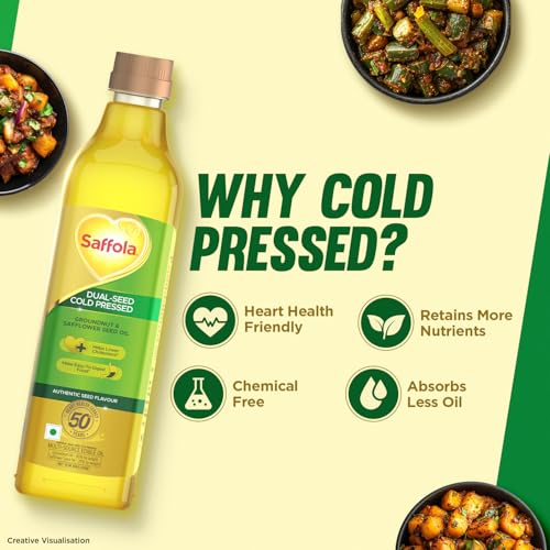 Image of Saffola Cold Pressed Oil, Goodness of 2 - Groundnut & Safflower | Helps Lower Cholesterol, Make Easy-To-Digest Food | 1L Pet Bottle