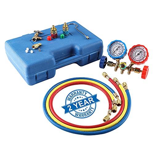 Omt 3 Way Ac Diagnostic Manifold Gauge Set For Freon Charging, Fits R134A R12 R22 And R502 Refrigerants, With 3Ft Hose, Tank Adapters, Quick Couplers And Can Tap #TOP6