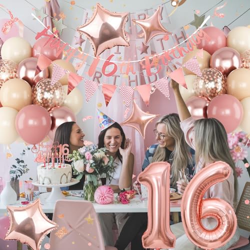 Image of Jobkoo Girls 16th Birthday Decorations, Retro Pink Nude Sweet 16 Balloon Set Happy 16th Birthday Banner Cake Topper Dusty Pink Beige Rosegold Star Balloons for Boho 16 Year Old Bday Party Decoration