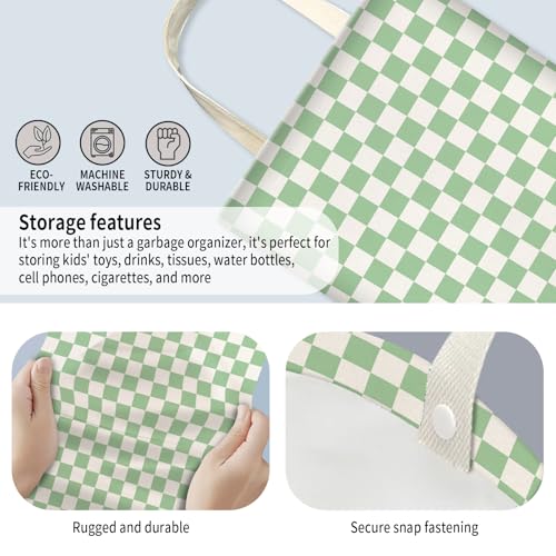 Image of Car Trash Can, Hanging Garbage Bin for Men and Women, Cute Car Organizer and Storage Bag, Canvas Vehicle Trash Can Bag Easy-to-Install Cute Green Checkboard