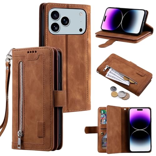 Étui iPhone 17 Pro Max antichoc portefeuille en cuir marron