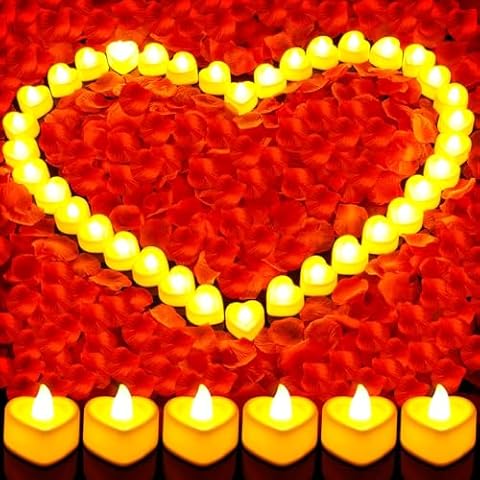 Flasoo Rose Petals and Candles Set for Romantic Decoration, 3000 Pcs Red Rose Petals and 36 Pcs Heart Candle Lights for Special Night, Wedding, Anniversary, Valentine Day for Hotel and Bedroom Decor Cover