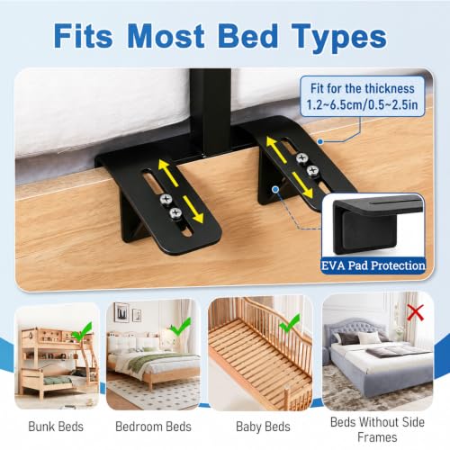 Image of Adjustable Bedside Shelf, Clamp-On Bed Table with Rotating Top for Dorm | Height Adjustable • 360 Rotating Top • Heavy-Duty Metal Frame • Fits Most Bed Rails • Easy Clamp Installation
