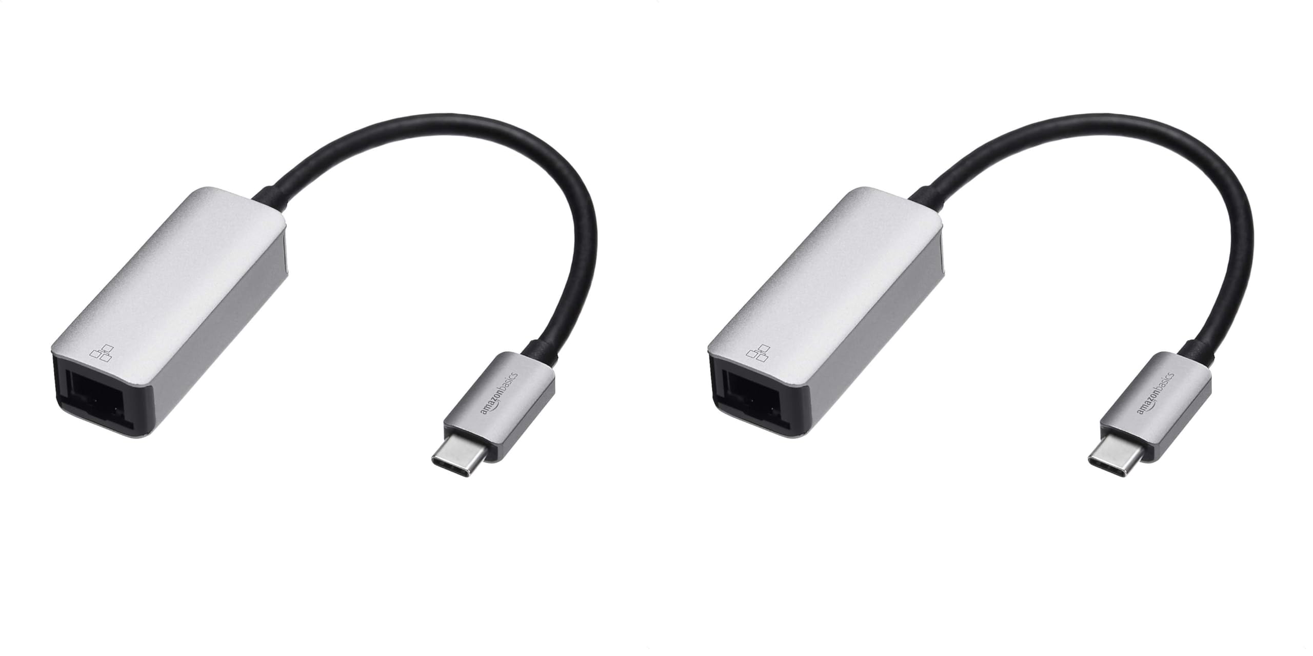 Amazon Basics Aluminum USB-C to RJ45 Gigabit Ethernet Adapter, Portable, Fast Network, Grey, 2.07 x 0.81 x 0.6 inches (Pack of 2)