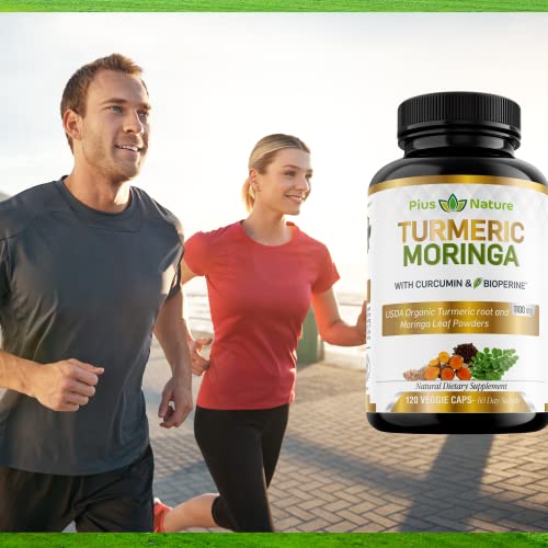 Pius Nature 120 Capsules Of Usda Organic Turmeric Root Powder And Usda Organic Moringa Leaf Powder With Curcumin Standardized To 95% Curcuminoids And Bioperine, 1100Mg Per Serving In Veggie Capsules #TOP4