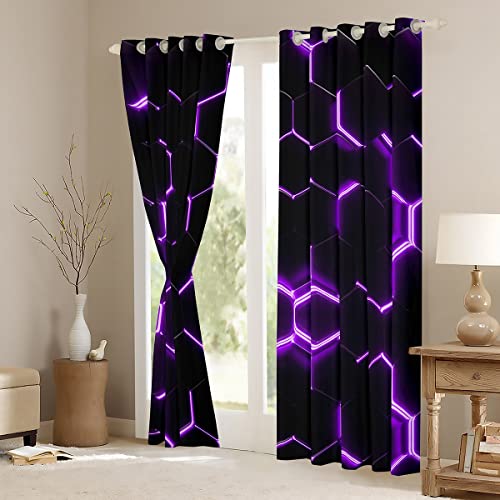 Loussiesd Boys Honeycomb Window Curtains for Bedroom Living Room Men Girls Modern Hexagon Theme Blackout CurtainsPurple Neon Decor Window Drapes Grid Art Window Treatments W46*L54 - Image 3