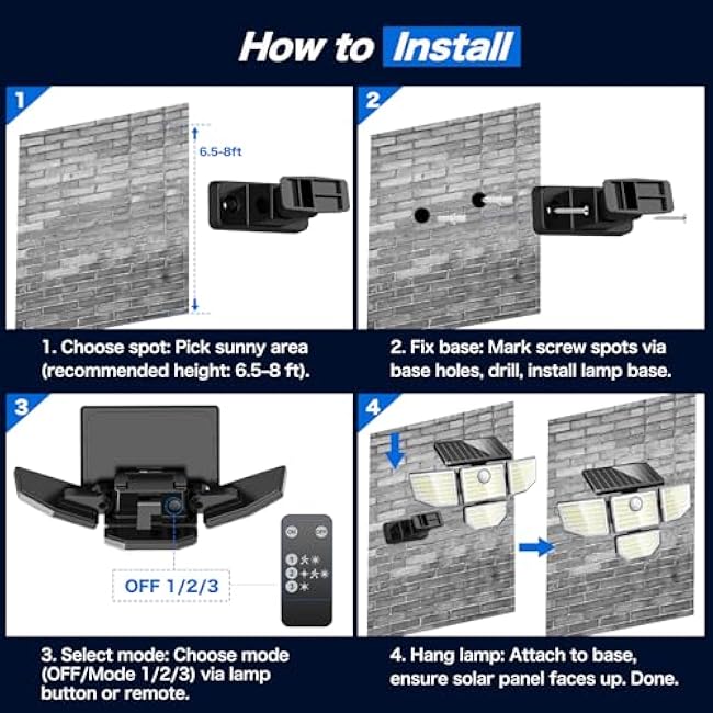 3000LM Outdoor Solar Light - Upgrade 4 Heads 188 LED Solar Motion Sensor Outdoor Lights, IP65 Waterproof Powered Light for Home Darkroom Backyard, 2 Pack