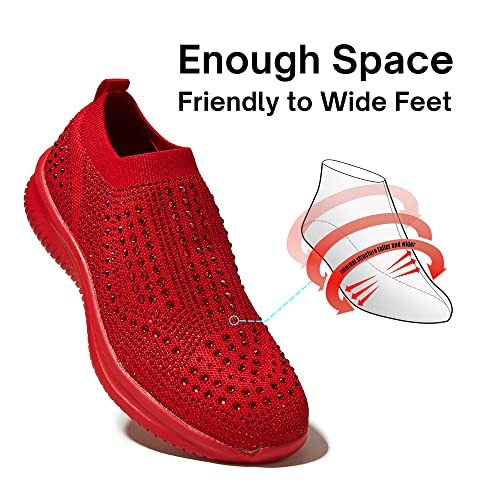 Belos Women's Rhinestone Slip On Walking Shoes Breathable Mesh Knit Sock Shoes Fashion Comfortable Sparkly Sneaker(Red,6) #TOP3