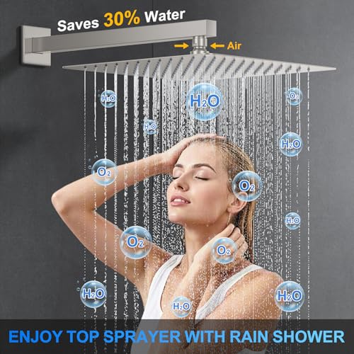 Image of Woindo Shower Faucet Set, 12 inch Wall Mount Rainfall Shower System with 2 Rain Shower Head and Multi-function Handheld Head Push Button Diverter Shower Faucet Trim Kit