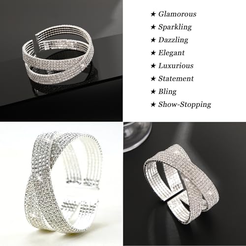 Jojomina Silver Rhinestone Bracelet for Women Multilayer Crystal Layered Cuff Bracelets Bridal Jewelry for Prom Party Wedding Dating2