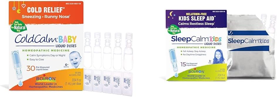 Boiron ColdCalm Baby Single-Use Drops for Cold Symptoms Relief - 30 Count & SleepCalm Kids Liquid Doses Sleep Aid - 15 Count