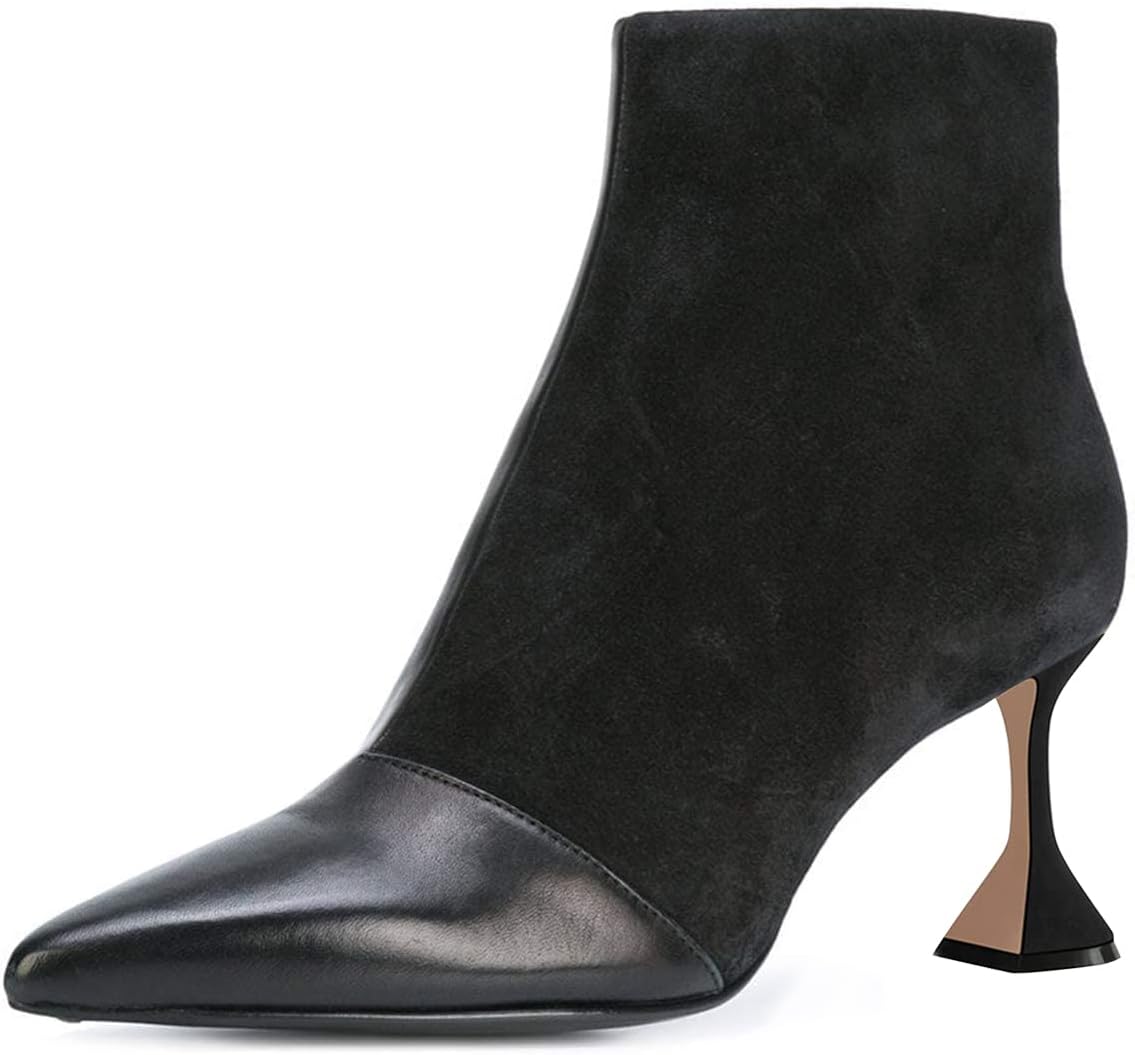 FSJ Women Fashion Pointed Toe Ankle Booties Flared Mid Heel Leather & Suede Office Lady Shoes Size 4-15 US