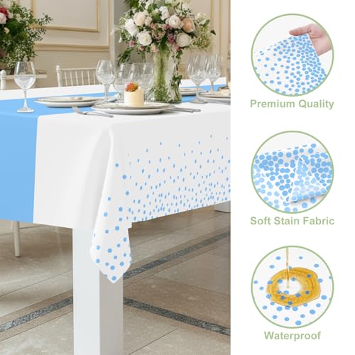 Image of Smiry Plastic Table Cloth Disposable 3 Pack, 54 x 108 Inch Rectangle Waterproof Tablecloth, Printed Gold Table Runner Style for Birthday Weeding, Party, Leakproof & Sturdy, White and Baby Blue