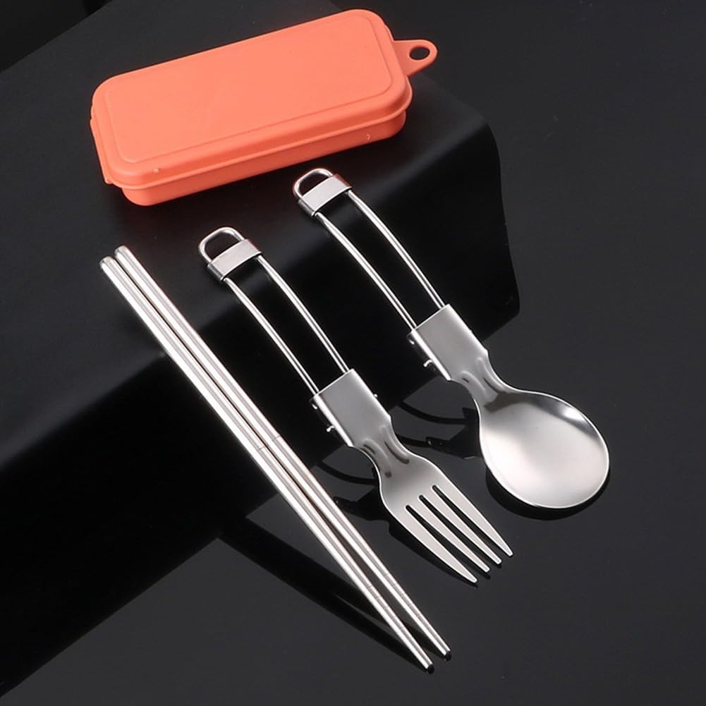 Folding Camping Utensil Set with 304 Stainless Steel Spoon Fork Chopsticks and Storage Box for Outdoor Picnic Hiking Travel(orange)