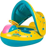 Boia Infantil Piscina Bebê Bote Inflável com Pezinho e Cobertura de Proteção para Crianças 6 Meses à 3 Anos