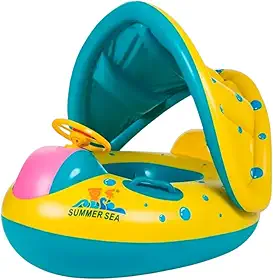 Boia Infantil Piscina Bebê Bote Inflável com Pezinho e Cobertura de Proteção para Crianças 6 Meses à 3 Anos