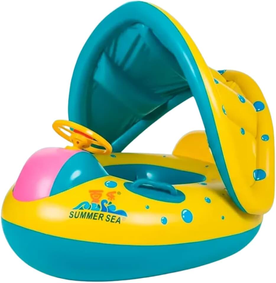 Boia Infantil Piscina Bebê Bote Inflável com Pezinho e Cobertura de Proteção para Crianças 6 Meses à 3 Anos