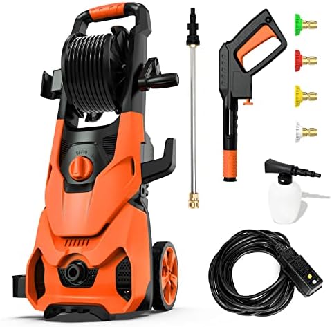 2150 Max PSI 2.6 GPM Electric High Pressure Washer with 4 Nozzles Foam Cannon for Cars,Powerful Electric Power Car Washer with Hose Reel&Soap Tank,Cleans Cars/Fences/Patios-Orange