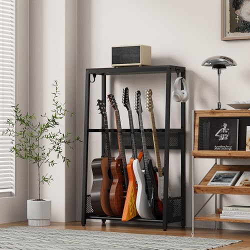 EmberGlow Multi-Guitar Stand, Reinforced & Thickened , Independent Stable Support, Patent Design Authorization,All-Around Protection for Acoustic, Electric, Bass and Ukulele (Model L, Brown Shelf)